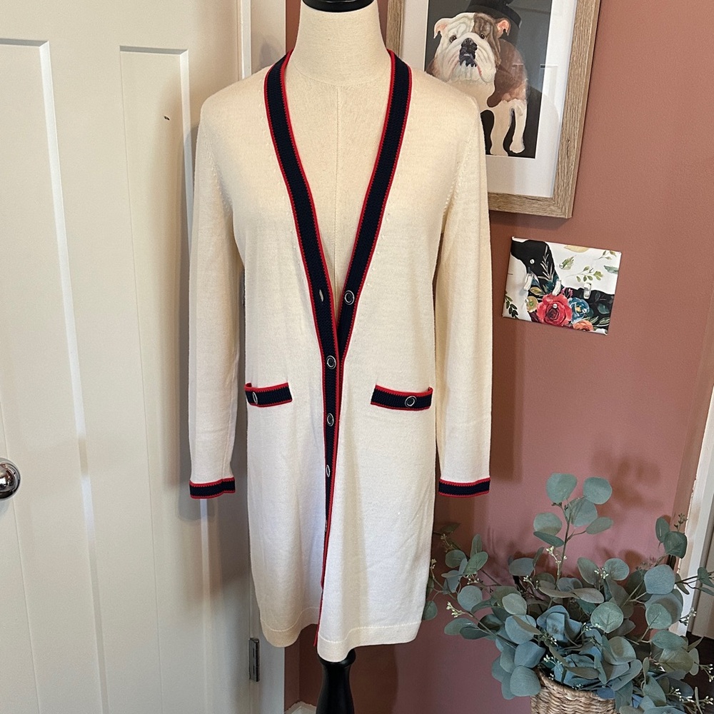 Talbots Petites Cream pure merino wool red blue knit trim duster SP cardigan